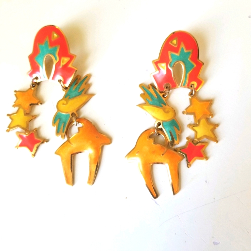 Vintage Signed Bérebi Enamel Gold Rainbow, Mountain Goat, Parrot, Star, Earrings